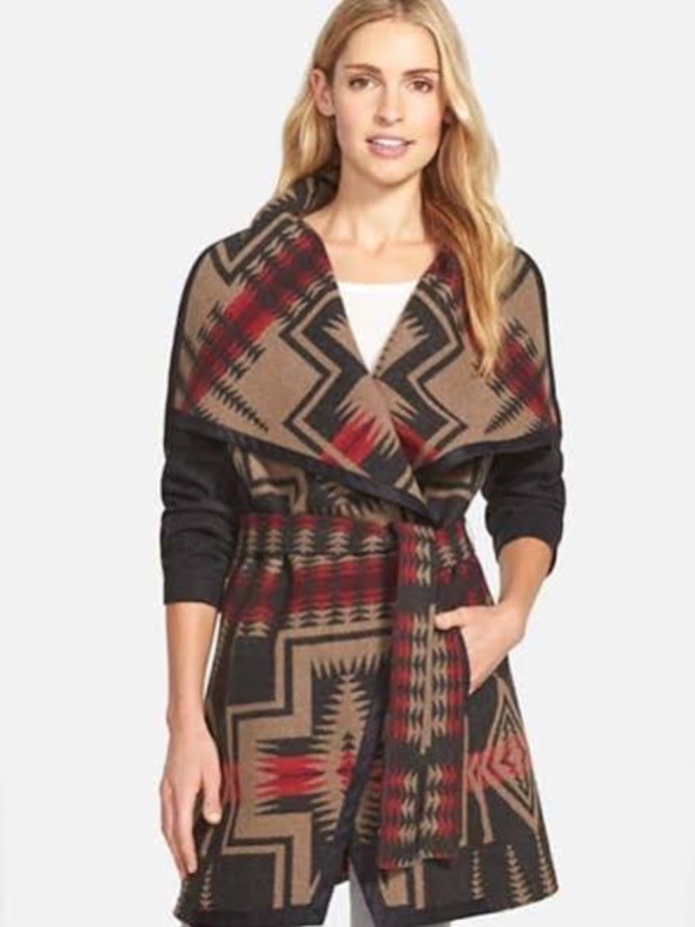Pendleton Harding Collared Belted Tribal Wool Coat Black Red Tan Large L